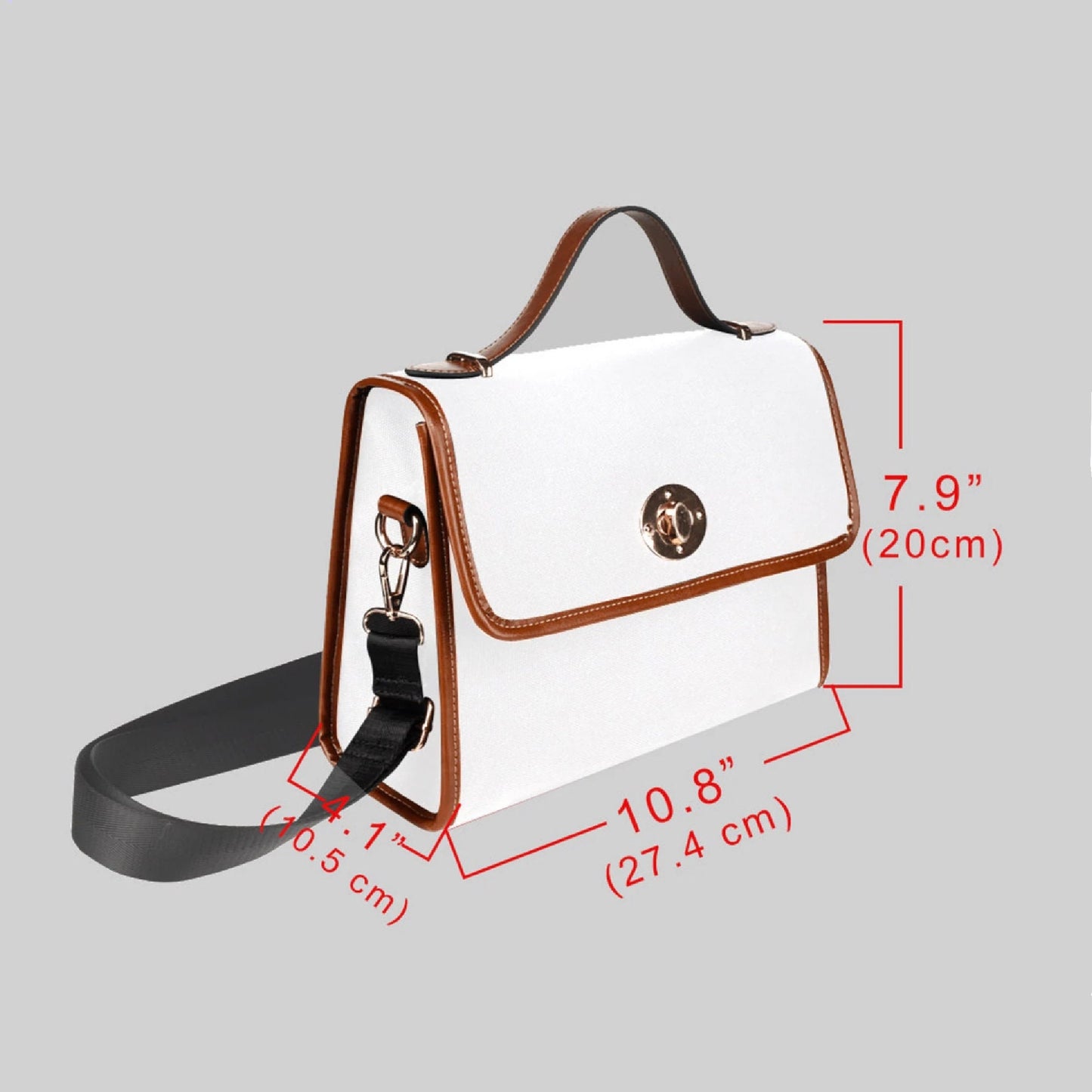 a white purse with a brown handle and measurements