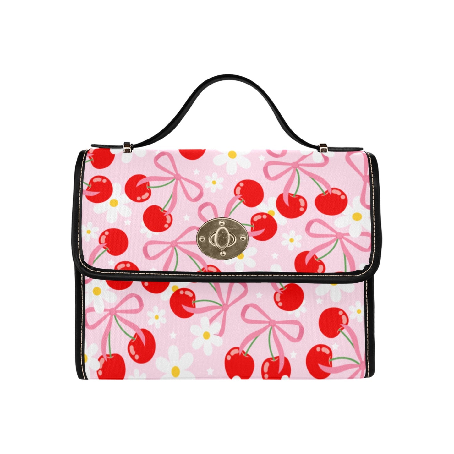 a pink bag with cherries on it