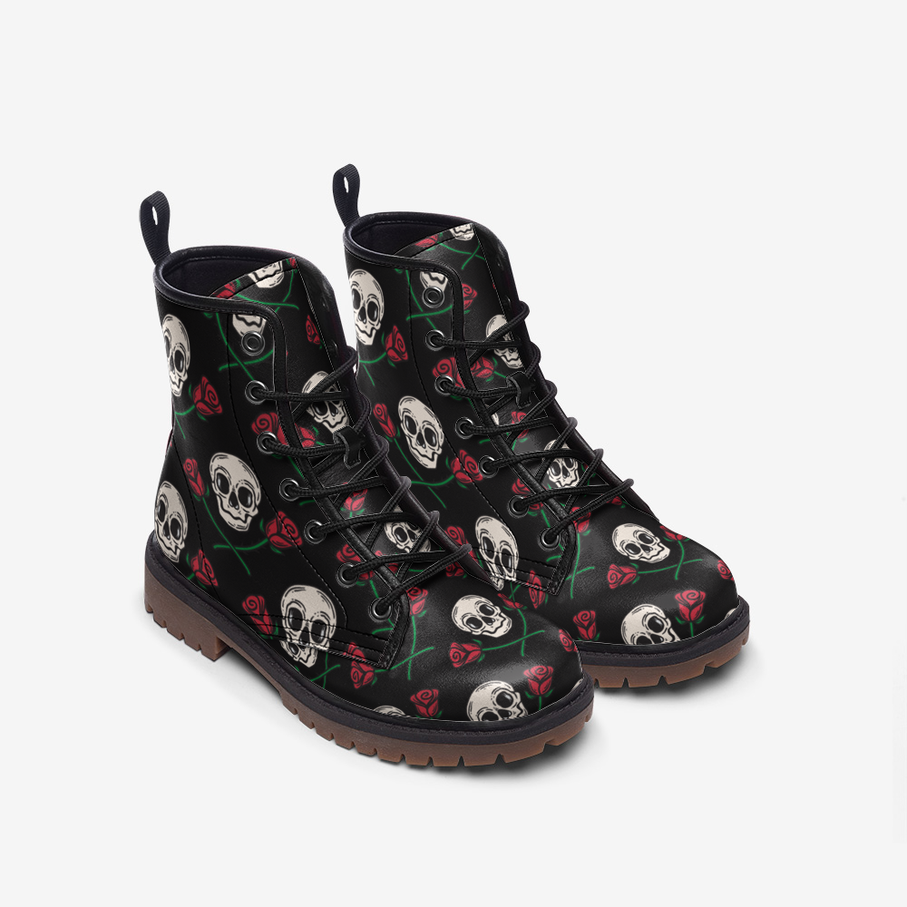 Goth Skull & Roses Black Vegan Leather Unisex Boots