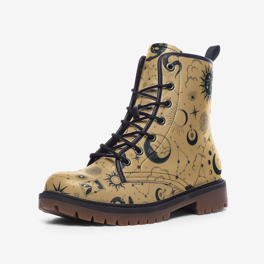 Celestial Moon & Stars Mustard Vegan Leather Unisex Boots