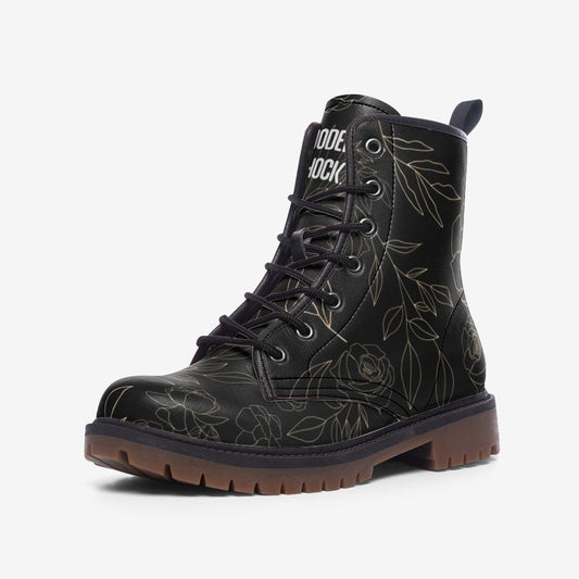 Gold Brown Floral Vegan Leather Unisex Boots