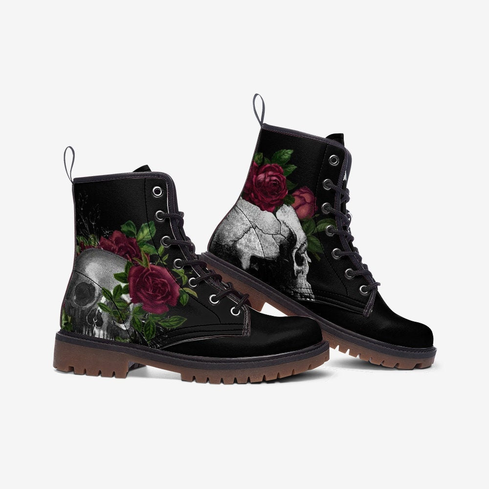 Skull & Roses Black Vegan Leather Unisex Boots