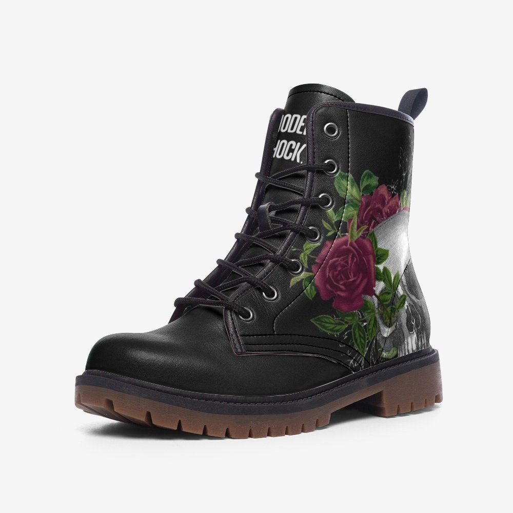 Skull & Roses Black Vegan Leather Unisex Boots