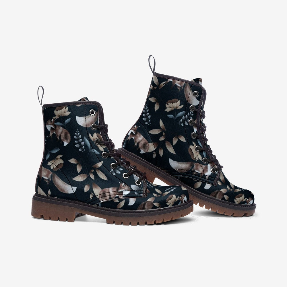 Boho Flowers Autumn Fox Dark Vegan Leather Unisex Boots