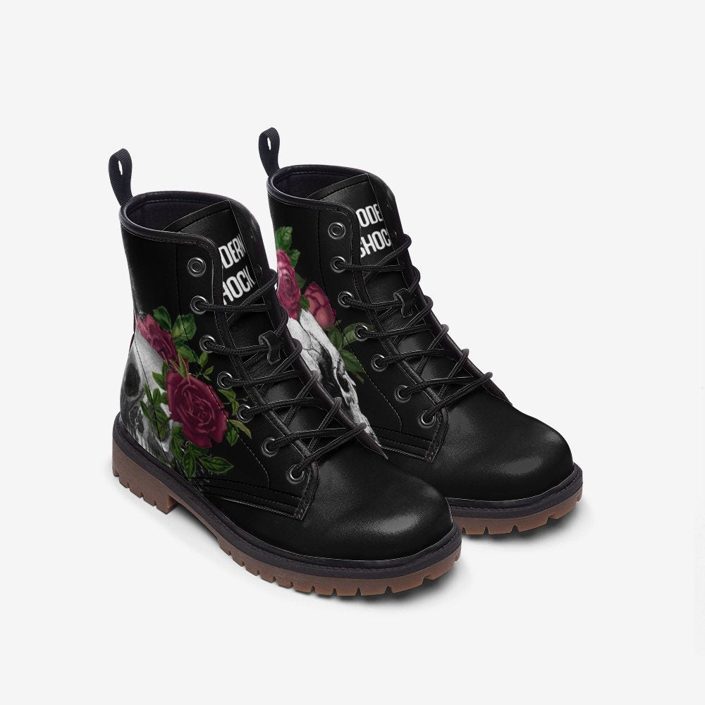 Skull & Roses Black Vegan Leather Unisex Boots