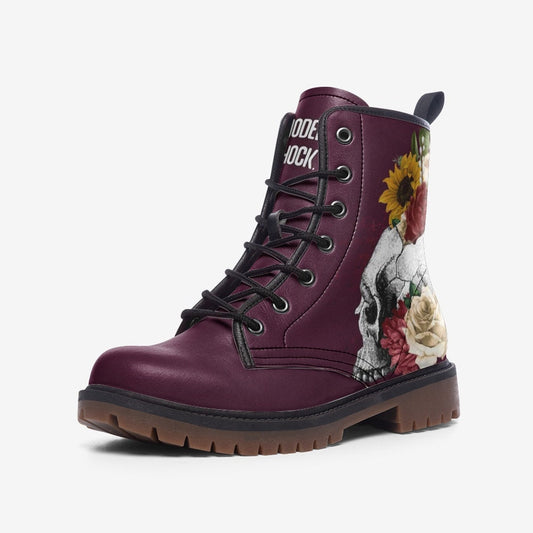 Burgundy Goth Skull With Roses Vegan Leather Unisex Boots