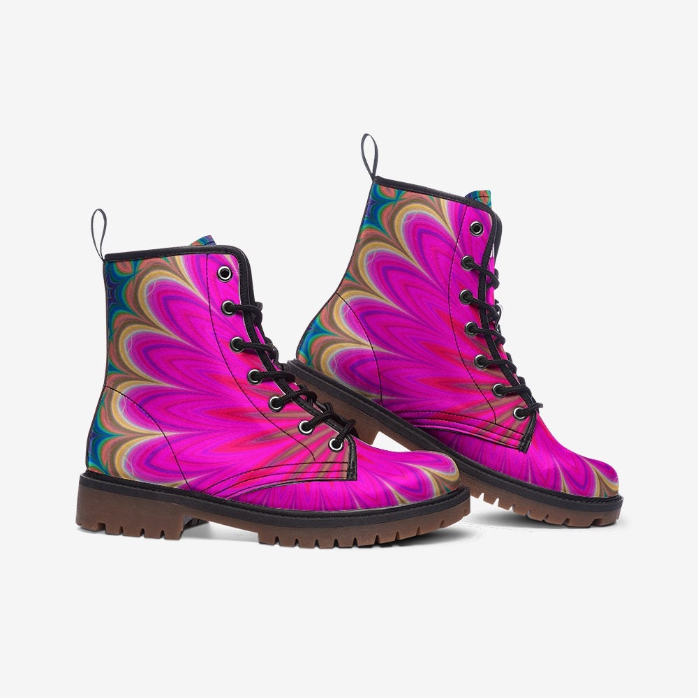 Trippy Pink Flower Festival Unisex Vegan Leather Boots