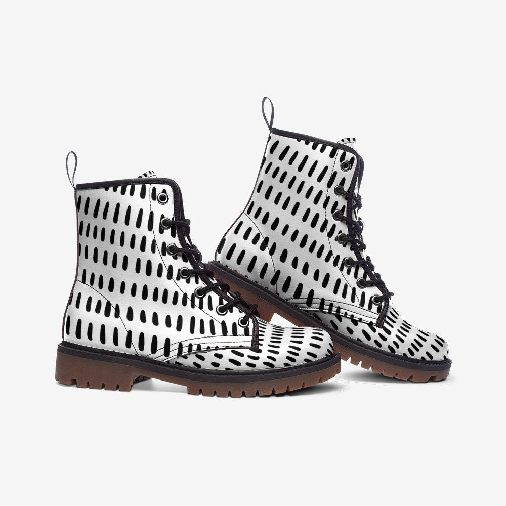 Abstract Black White Stripes Vegan Leather Unisex Boots