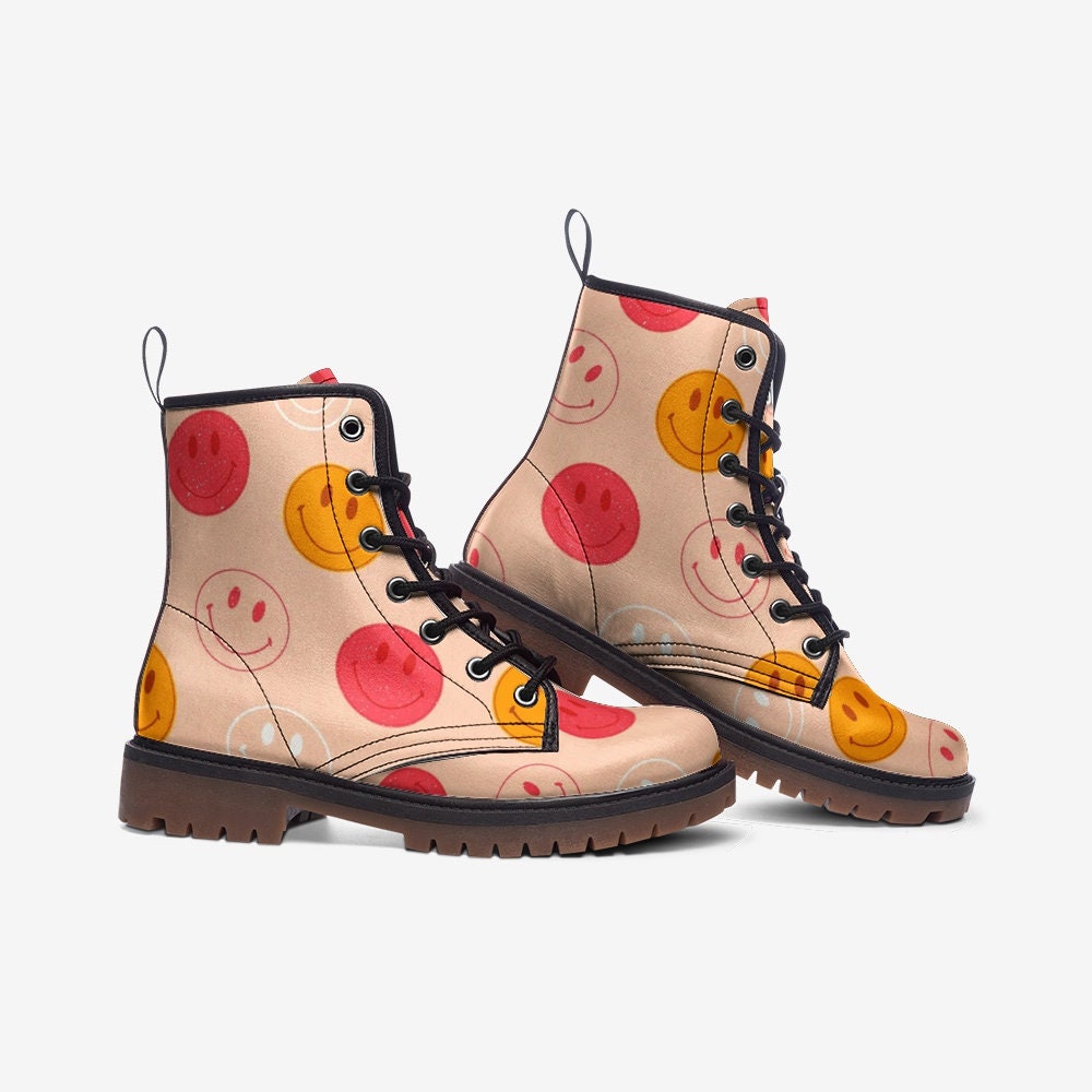 Retro Smiling Face Beige Hippie Vegan Leather Unisex Boots