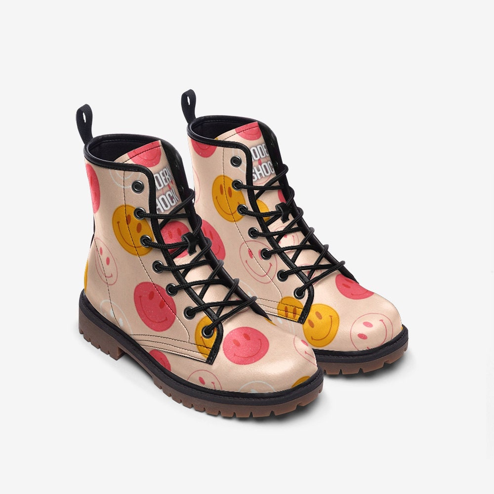 Retro Smiling Face Beige Hippie Vegan Leather Unisex Boots