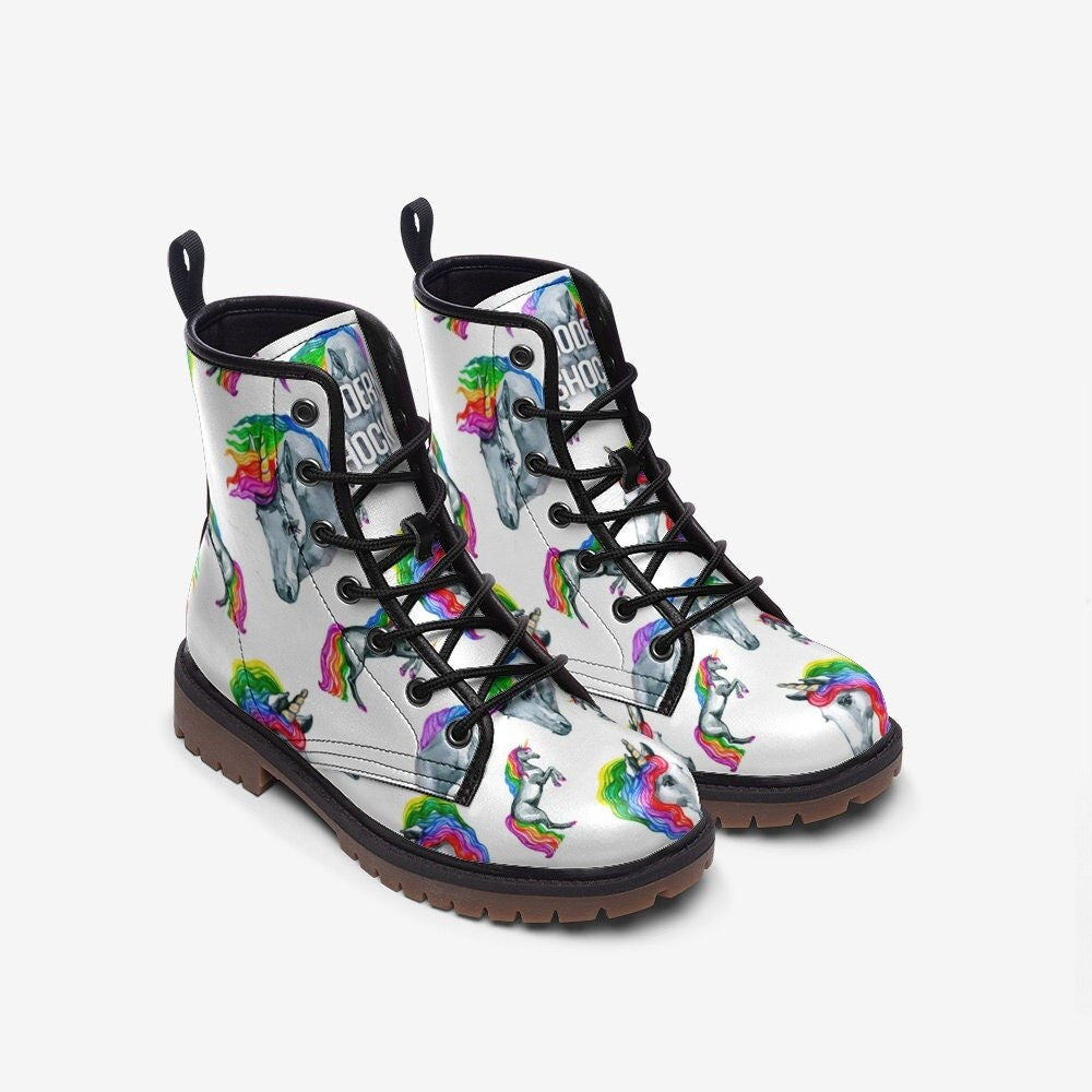 Rainbow Unicorn LGBTQ+ White Vegan Leather Unisex Boots