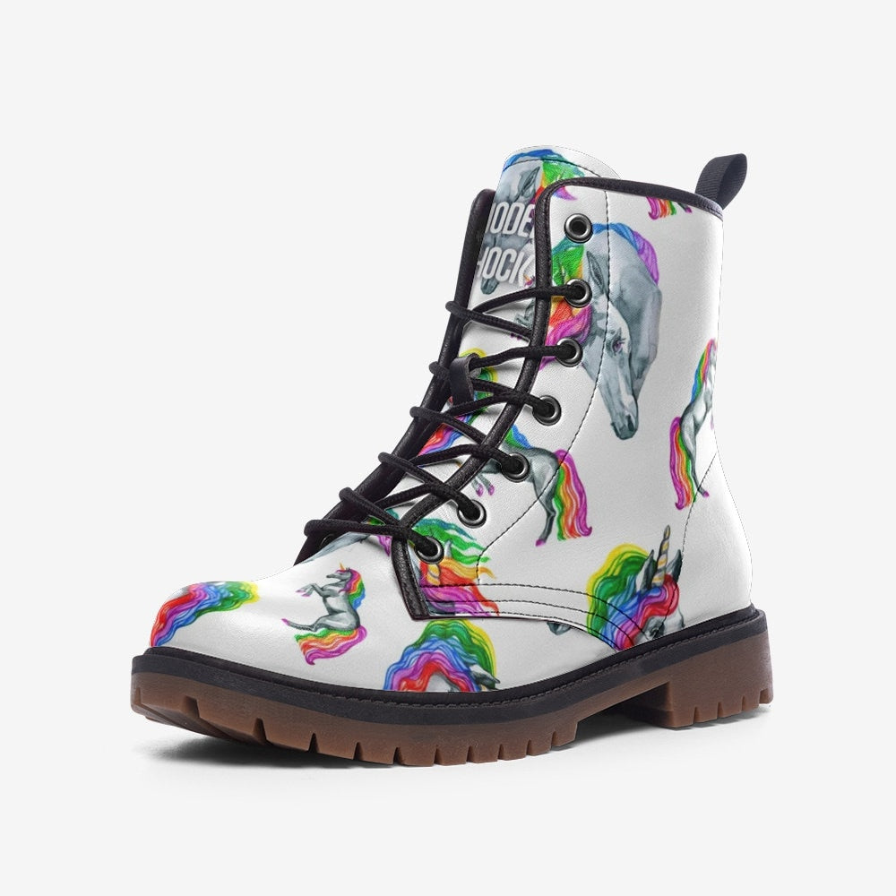 Rainbow Unicorn LGBTQ+ White Vegan Leather Unisex Boots