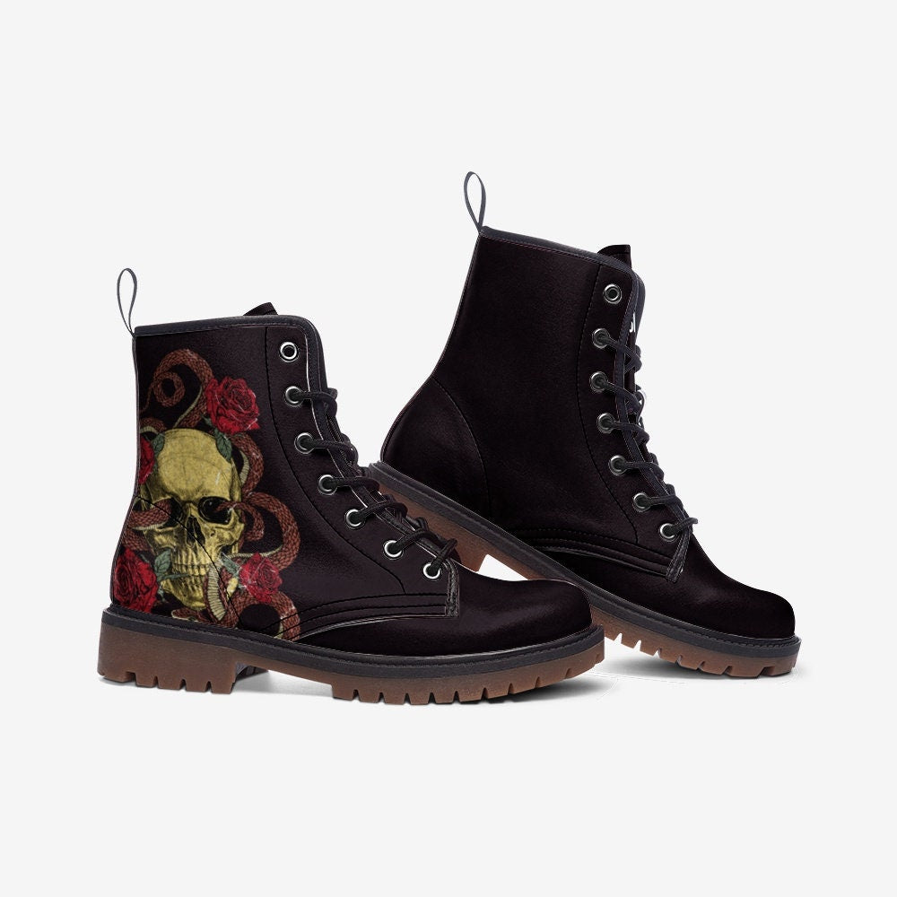 Burgundy Skull With Roses Vegan Leather Unisex Boots