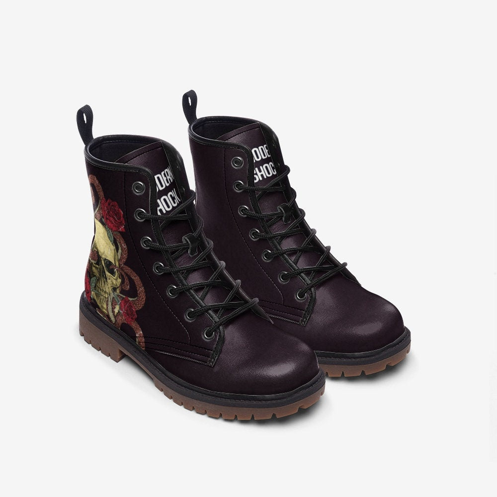 Burgundy Skull With Roses Vegan Leather Unisex Boots