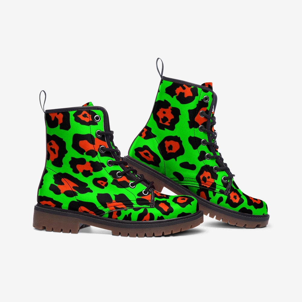 Y2k Neon Green Orange Leopard Vegan Leather Unisex Boots