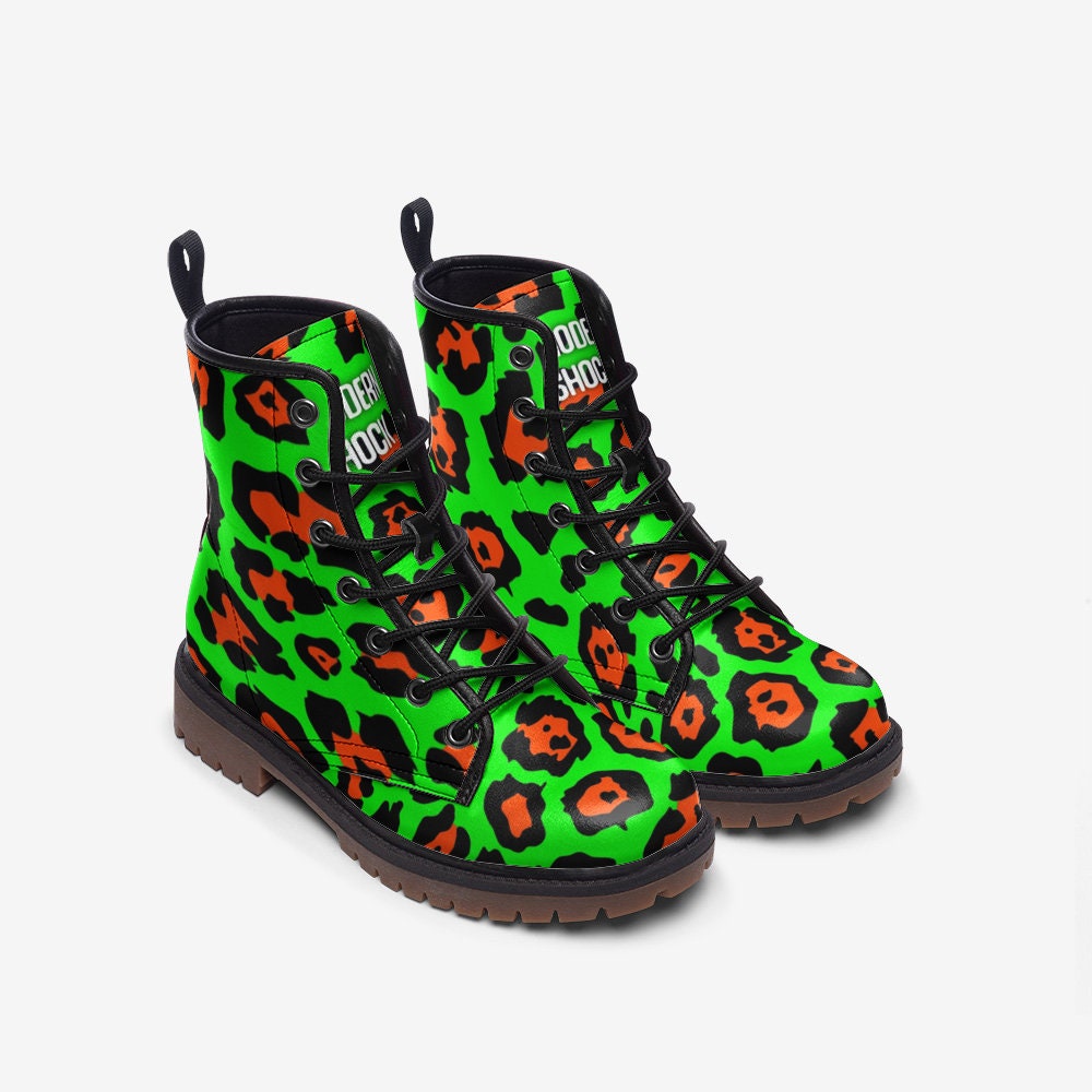 Y2k Neon Green Orange Leopard Vegan Leather Unisex Boots