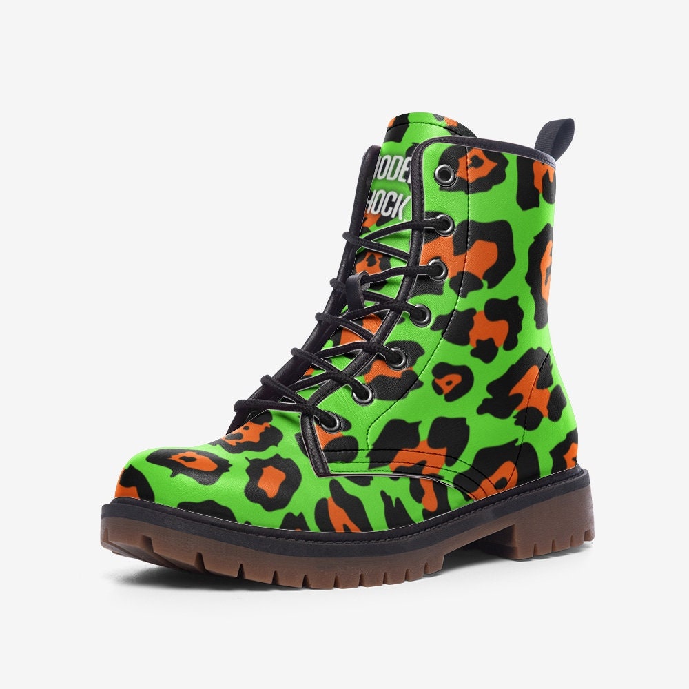 Y2k Neon Green Orange Leopard Vegan Leather Unisex Boots