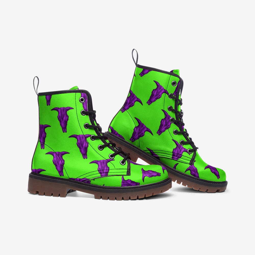 Y2k Neon Green Purple Skull Vegan Leather Unisex Boots