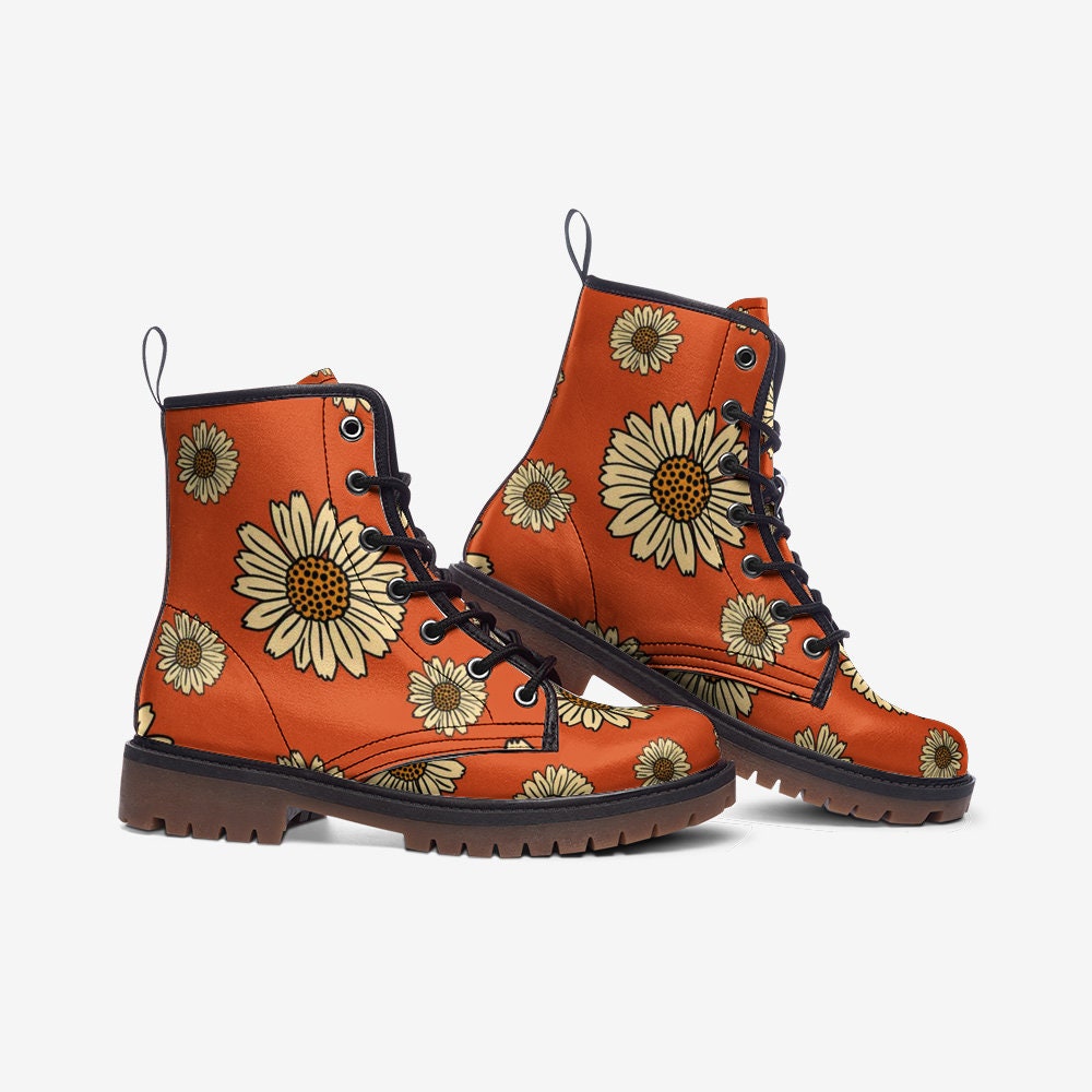 Retro Orange Flowers Festival  Vegan Leather Unisex Boots