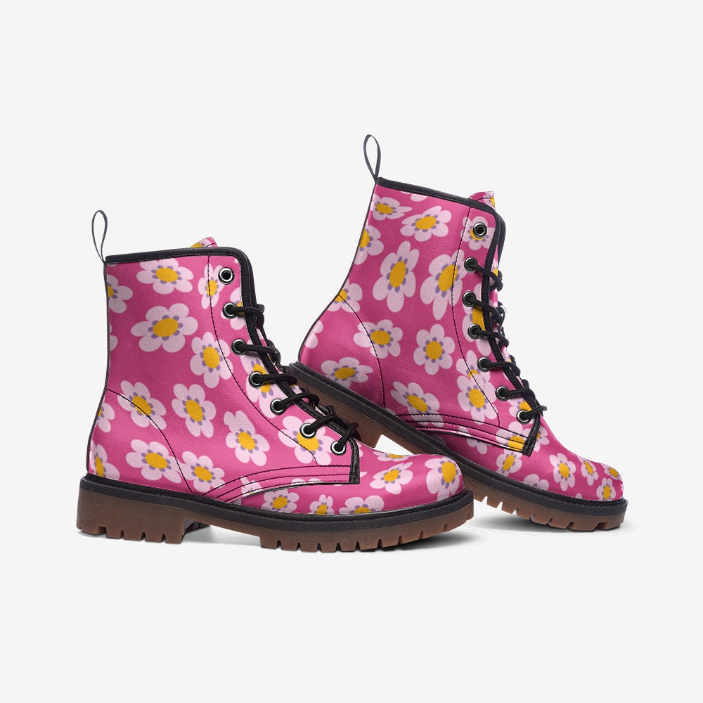 Retro Pink Flower Hippie Vegan Leather Unisex Boots