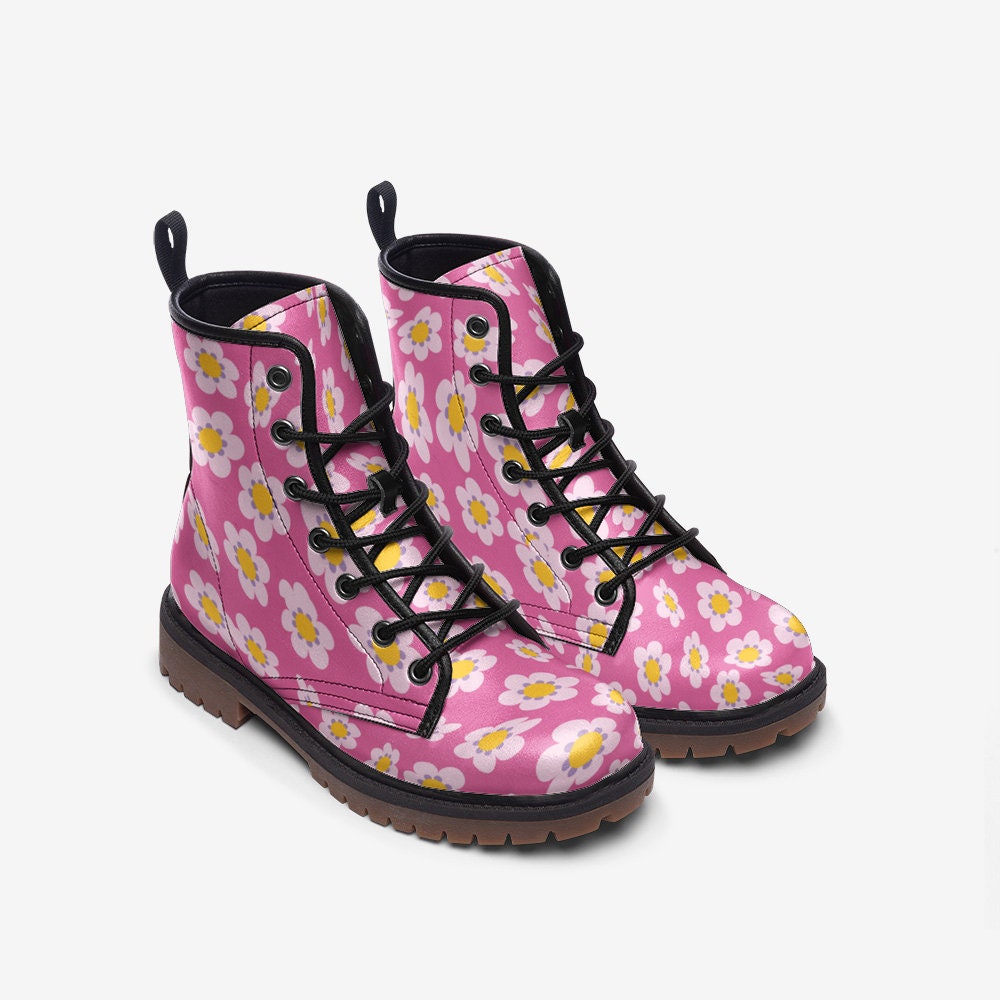 Retro Pink Flower Hippie Vegan Leather Unisex Boots