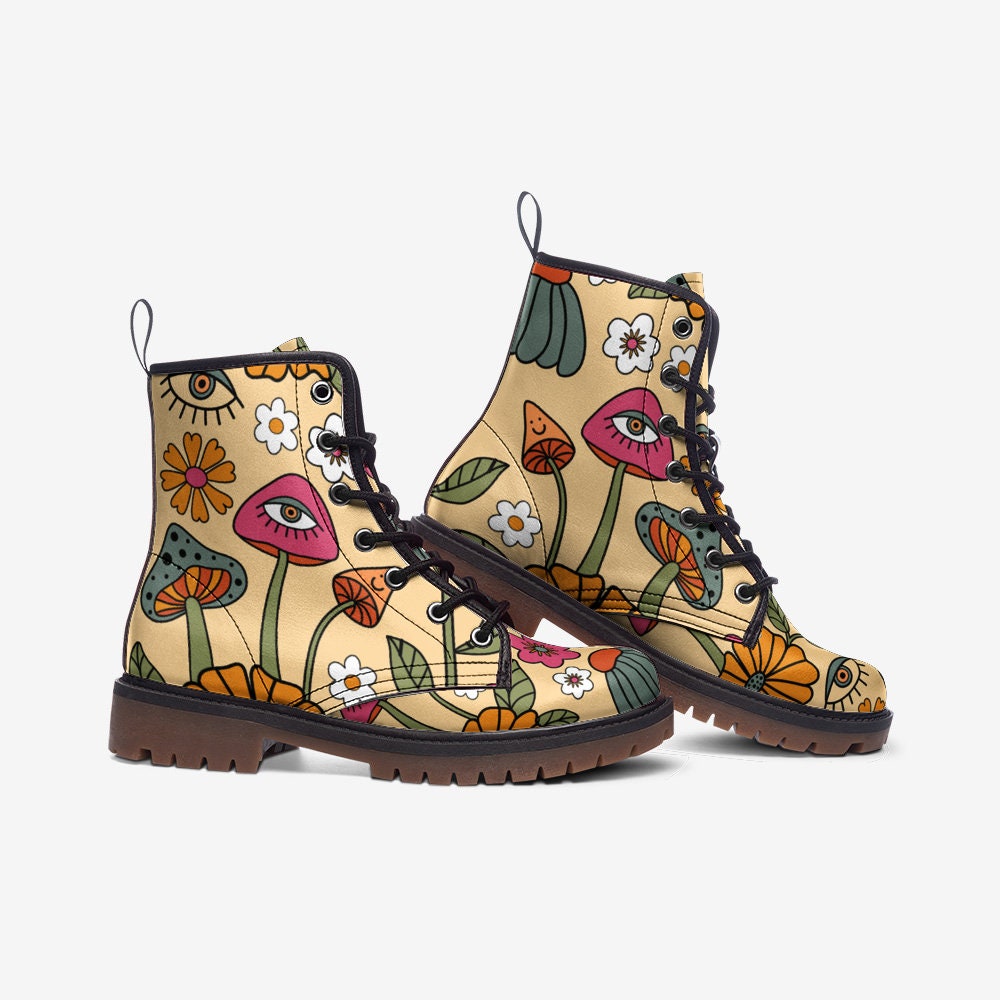 Retro Shrooms Trippy Vegan Leather Unisex Boots