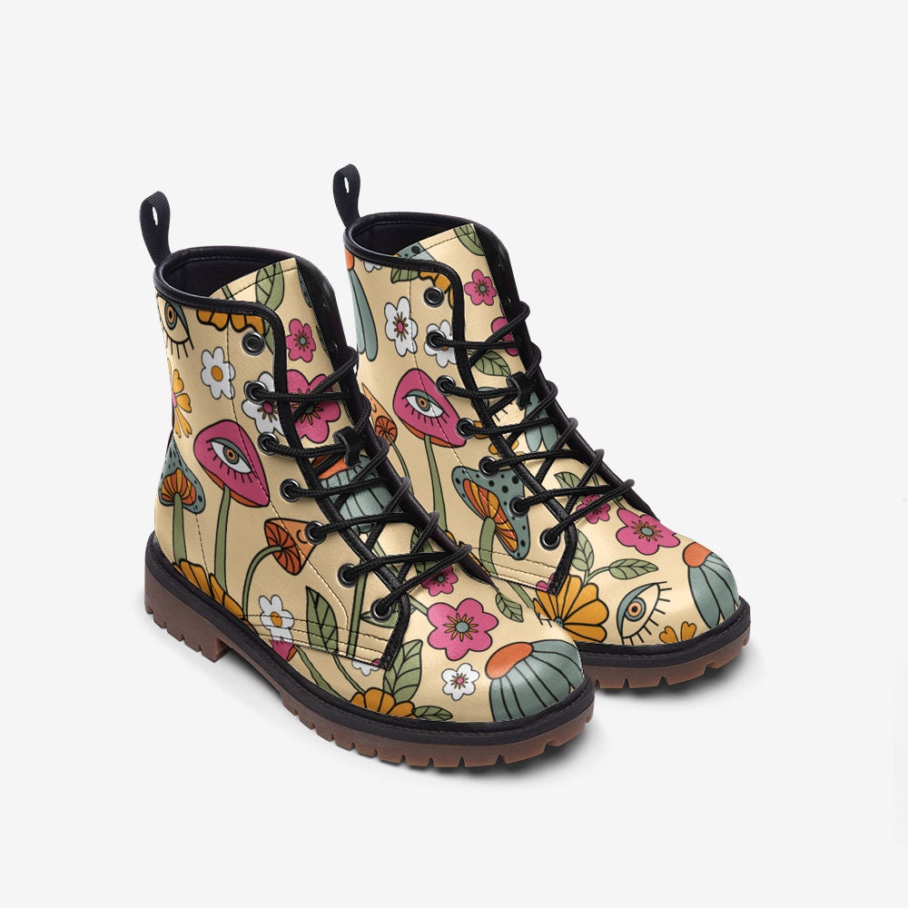 Retro Shrooms Trippy Vegan Leather Unisex Boots