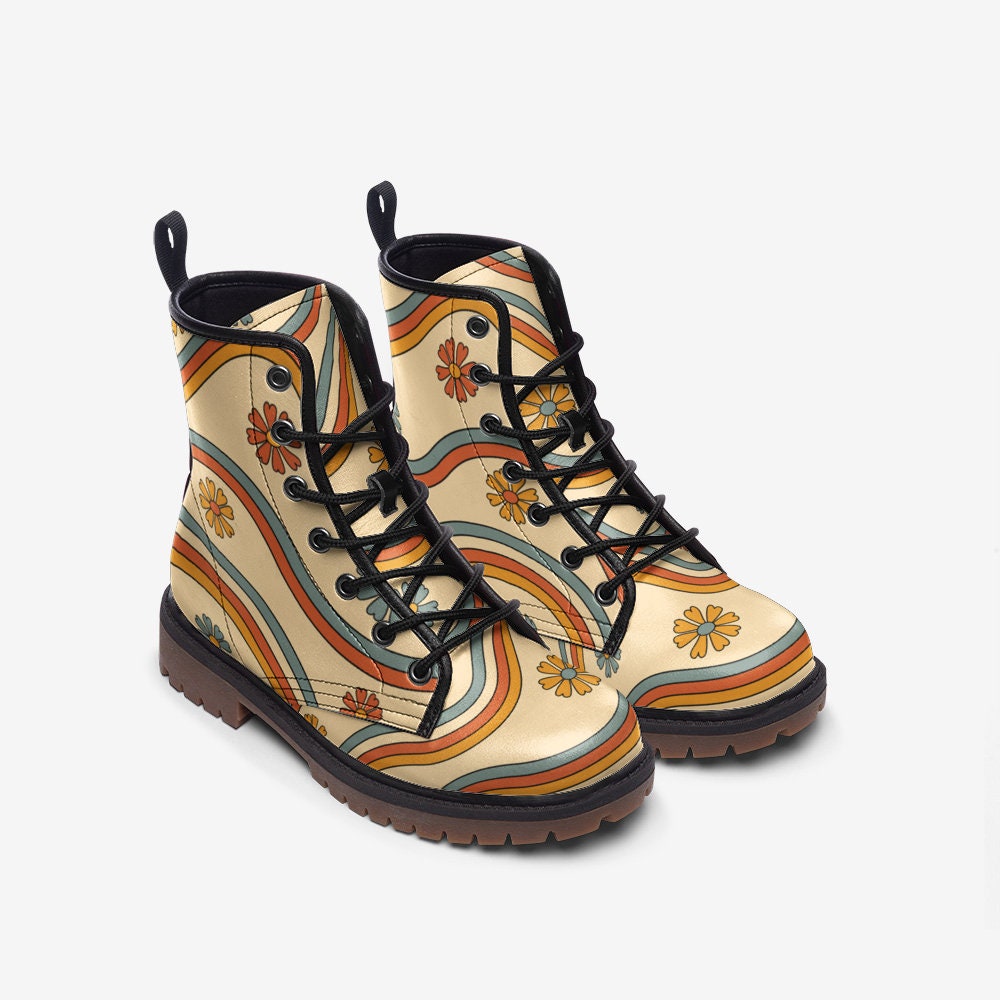 Retro Trippy Yellow Festival Unisex Vegan Leather Bootsl