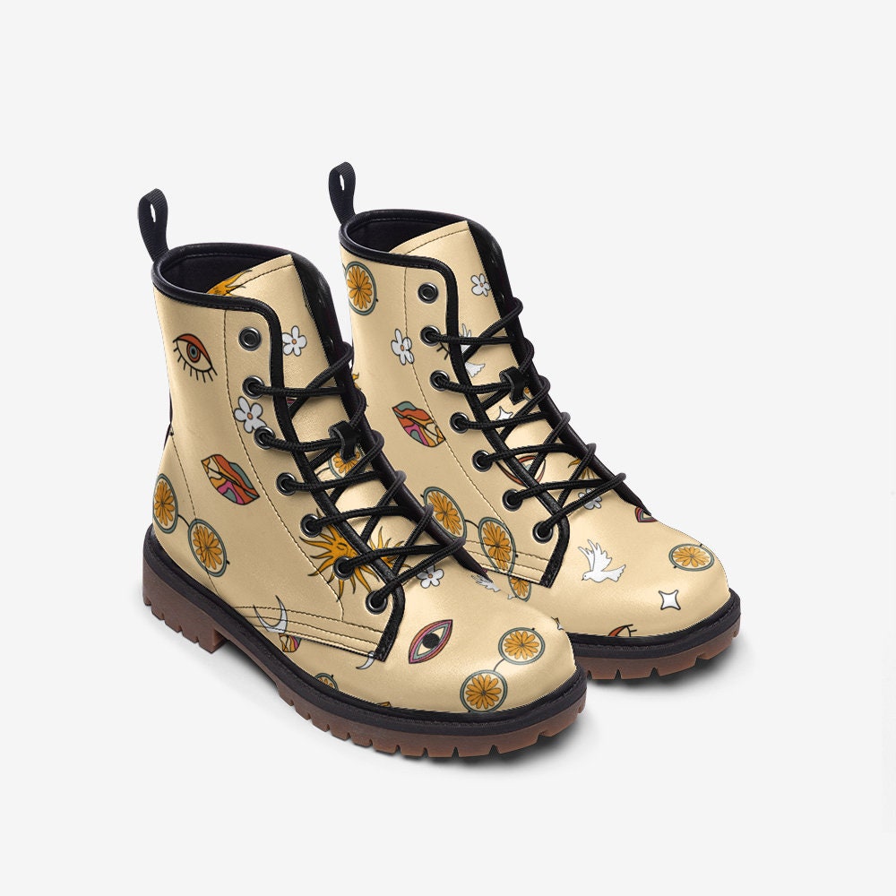 Retro Trippy Yellow Vegan Leather Unisex Boots