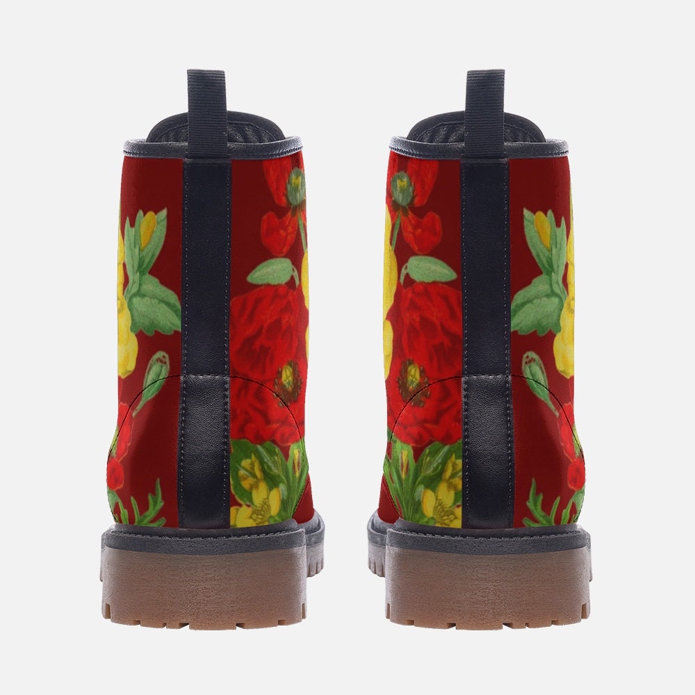 Vintage Flowers Red Vegan Leather Unisex Boots