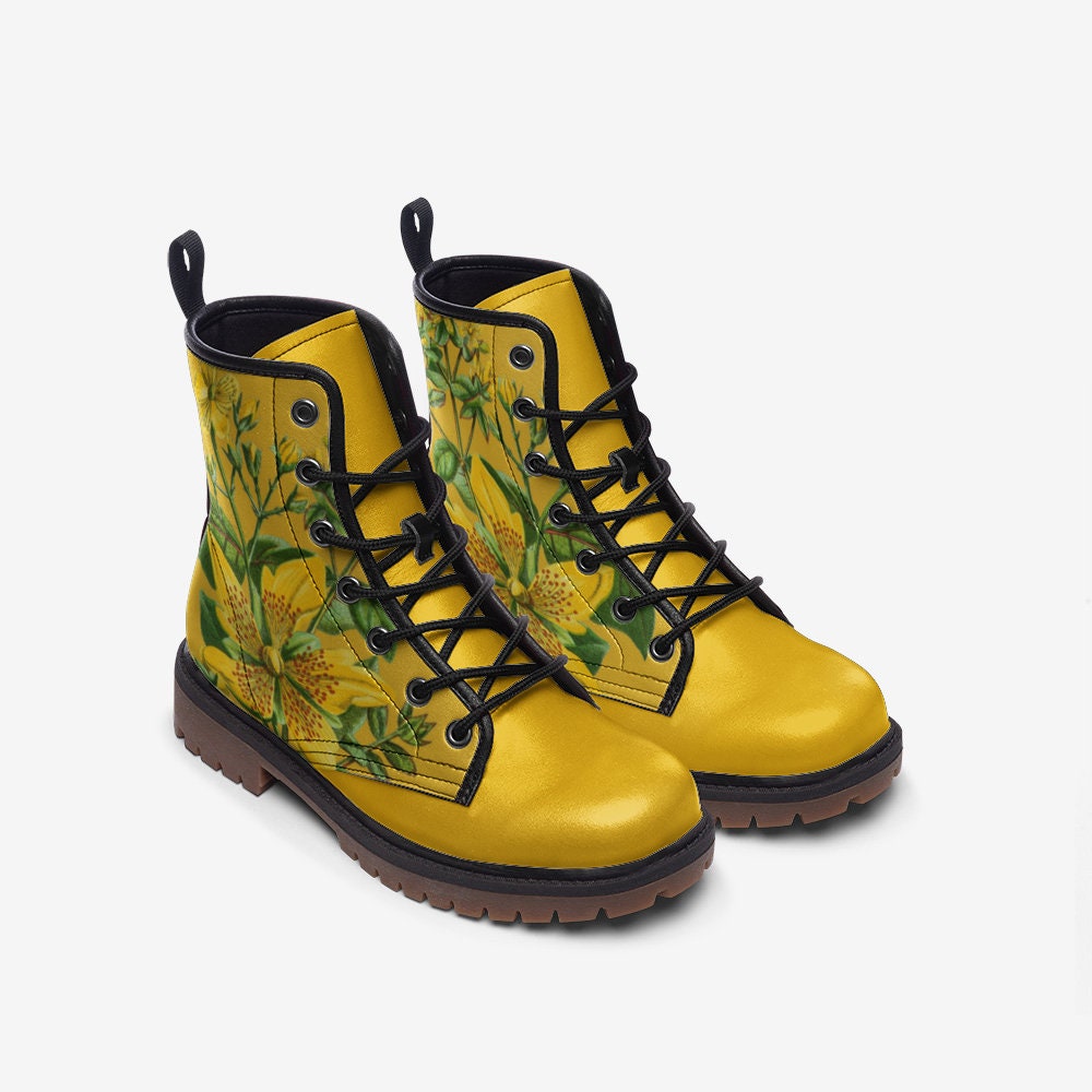 Vintage Flowers Yellow Vegan Leather Unisex Boots