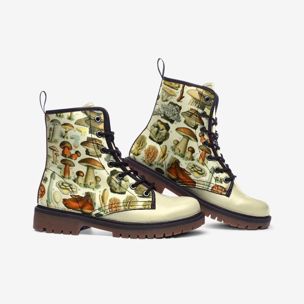 Goblincore Mushroom Vintage Beige Vegan Leather Unisex Boots