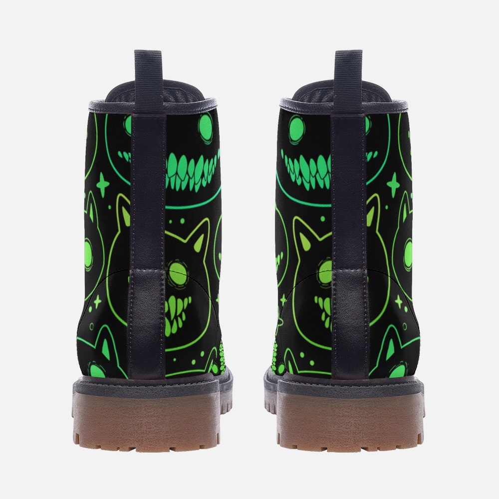 Green Neon Cat Black Vegan Leather Unisex Boots