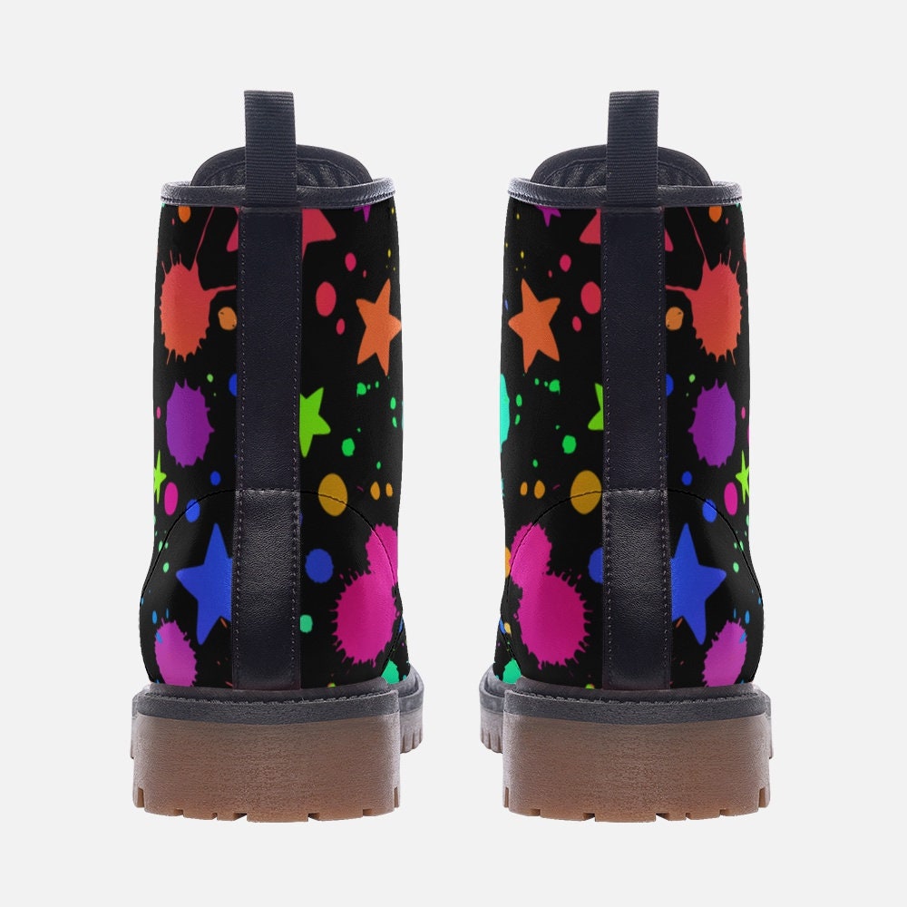 Rainbow Splatter Black Vegan Leather Unisex Boots