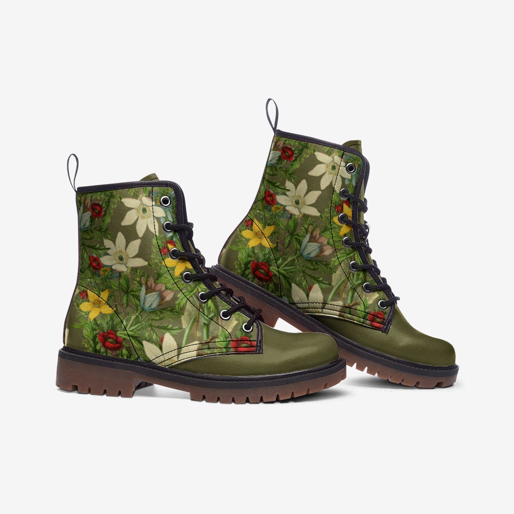 Vintage Flowers Green Vegan Leather Unisex Boots