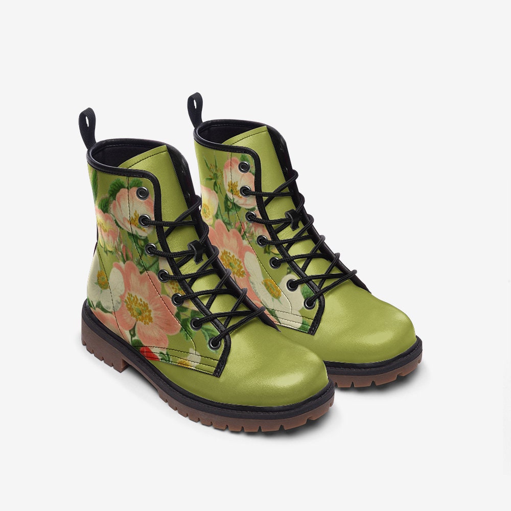 Vintage Green Flowers Vegan Leather Unisex Boots