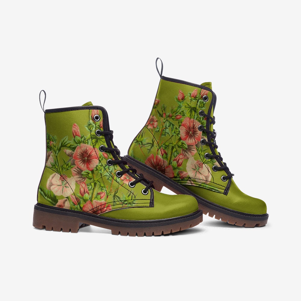 Vintage Flowers Green Vegan Leather Unisex Boots