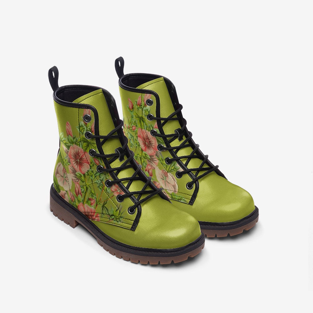 Vintage Flowers Green Vegan Leather Unisex Boots