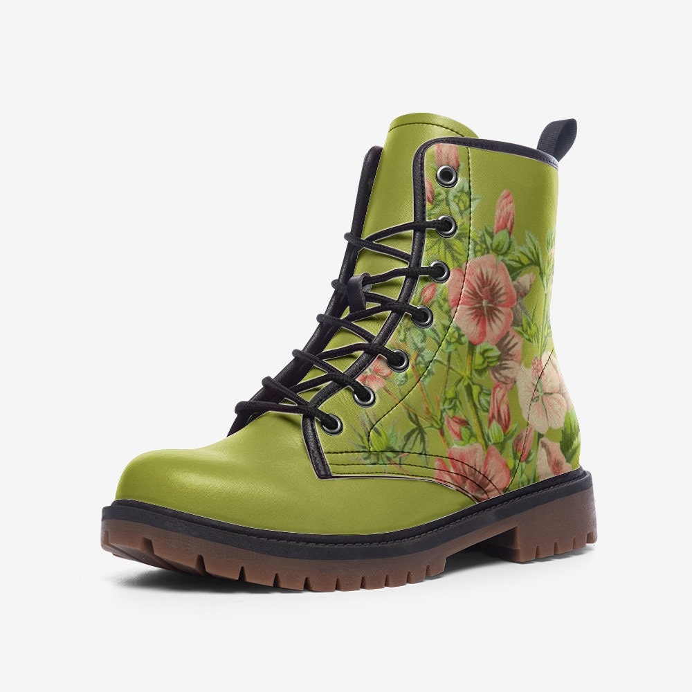 Vintage Flowers Green Vegan Leather Unisex Boots