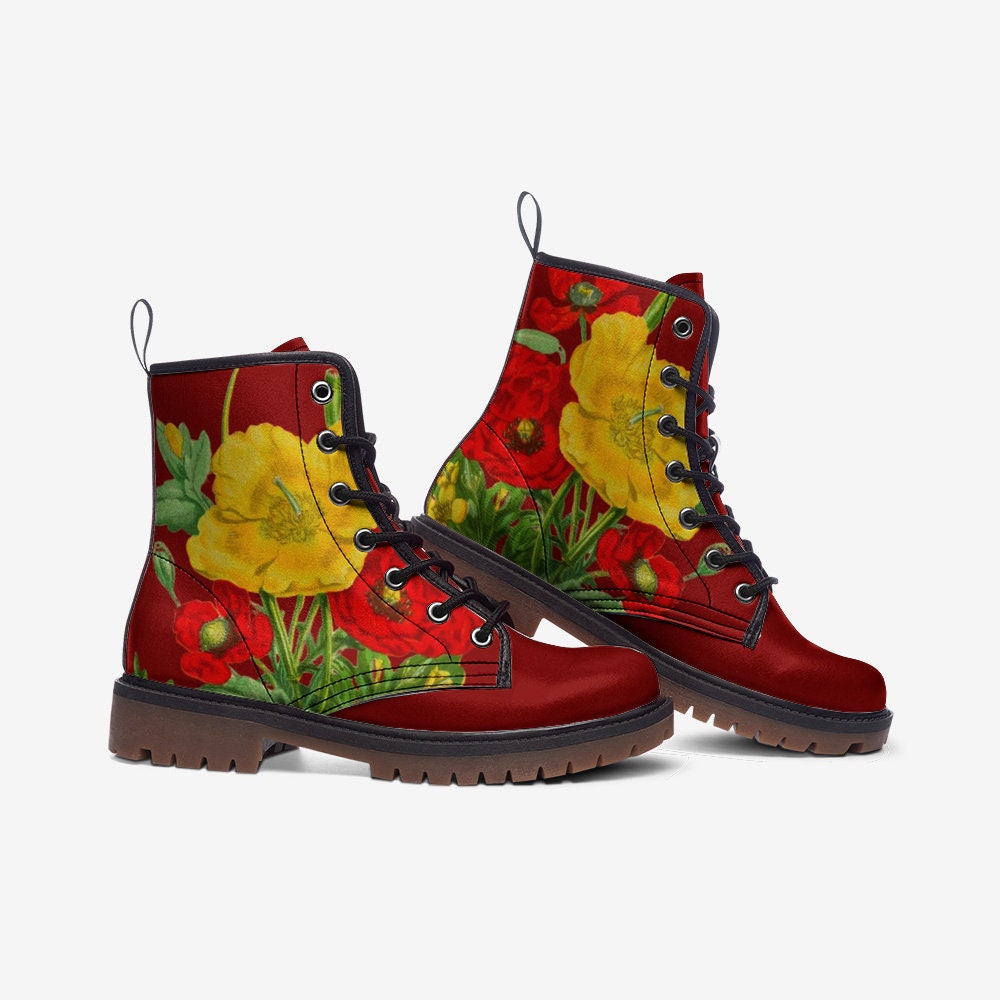 Vintage Flowers Red Vegan Leather Unisex Boots