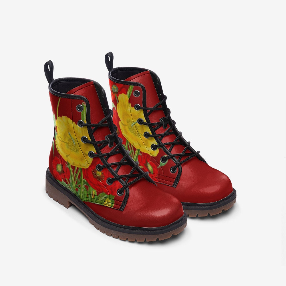 Vintage Flowers Red Vegan Leather Unisex Boots