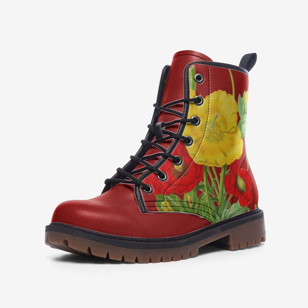 Vintage Flowers Red Vegan Leather Unisex Boots