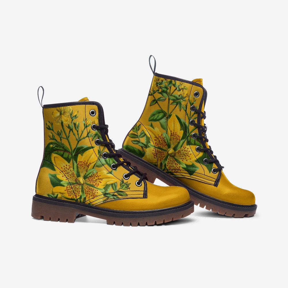 Vintage Flowers Yellow Vegan Leather Unisex Boots