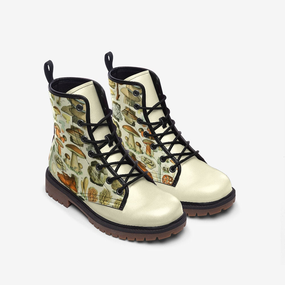 Goblincore Mushroom Vintage Beige Vegan Leather Unisex Boots