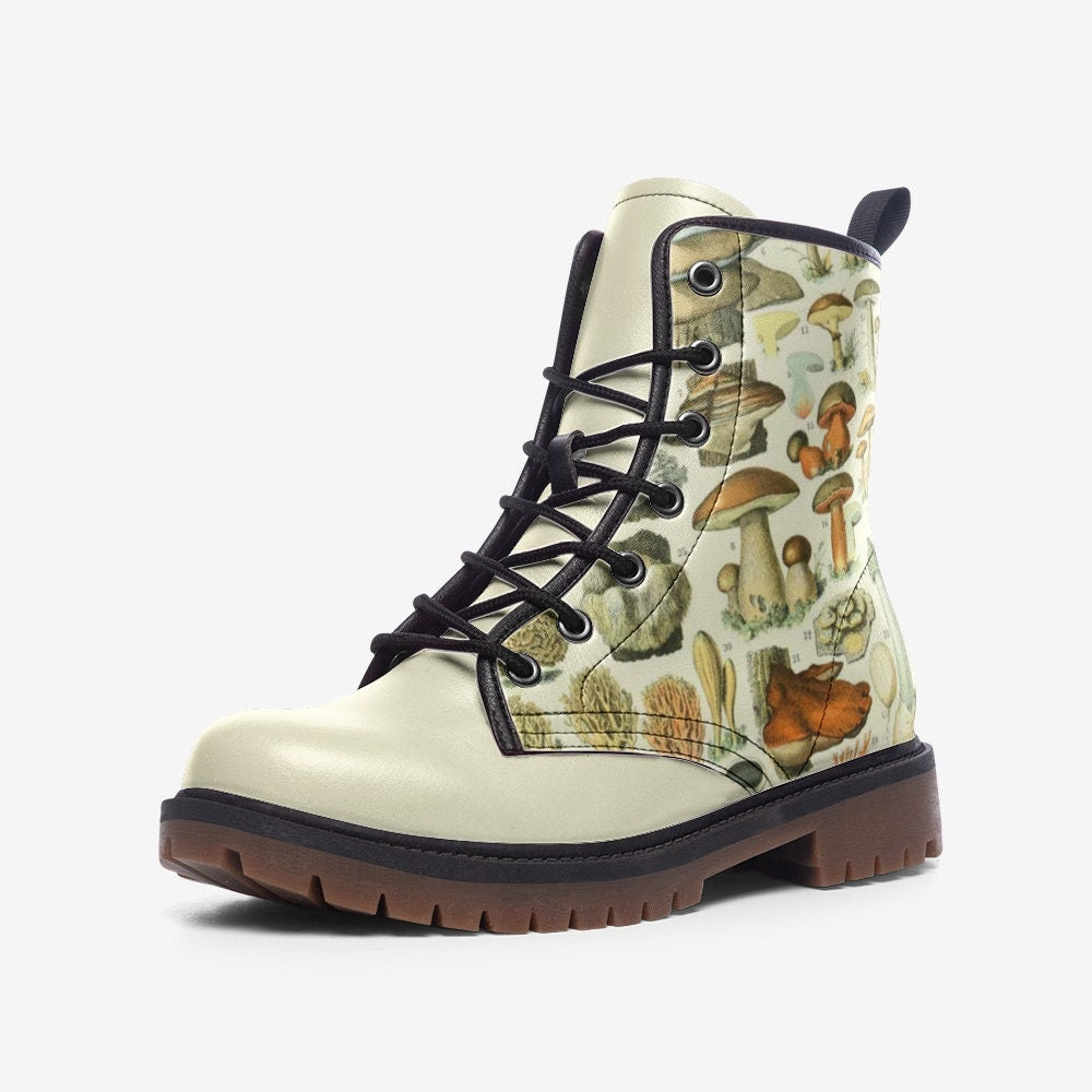 Goblincore Mushroom Vintage Beige Vegan Leather Unisex Boots