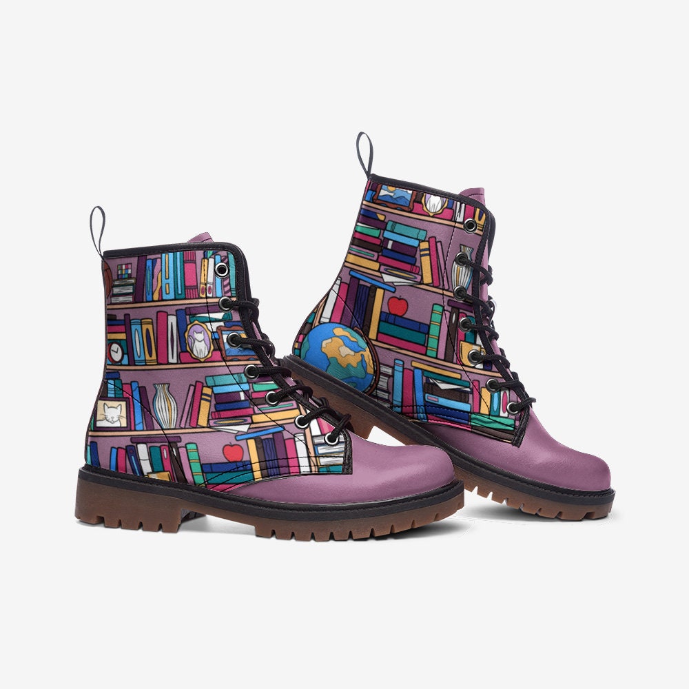 Kawaii Library Purple Vegan Leather Unisex Boots