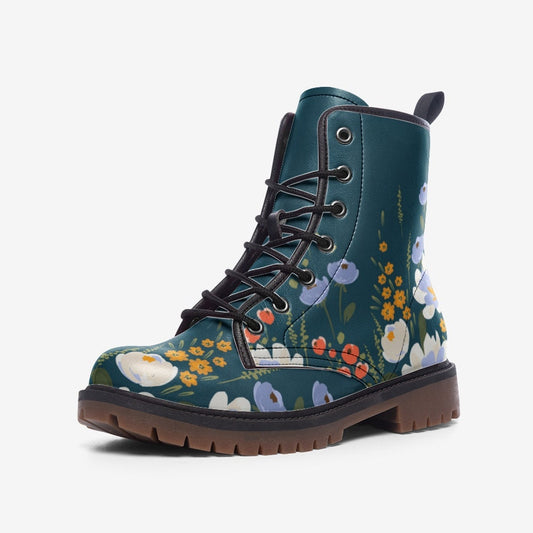 Dark Blue Vintage Floral Vegan Leather Unisex Boots