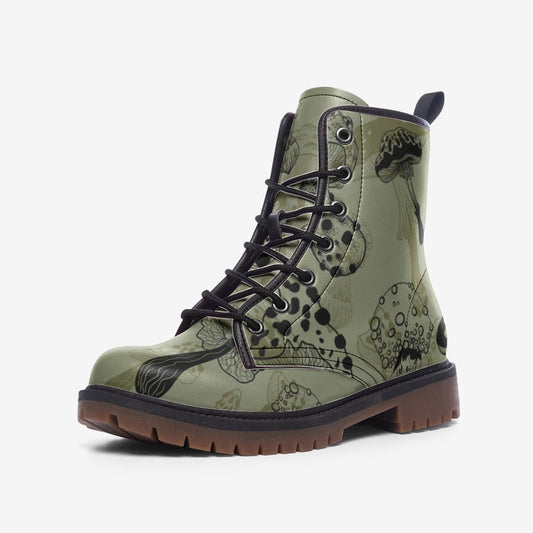 Goblincore Mushroom Military Green Vegan Leather Unisex Boots