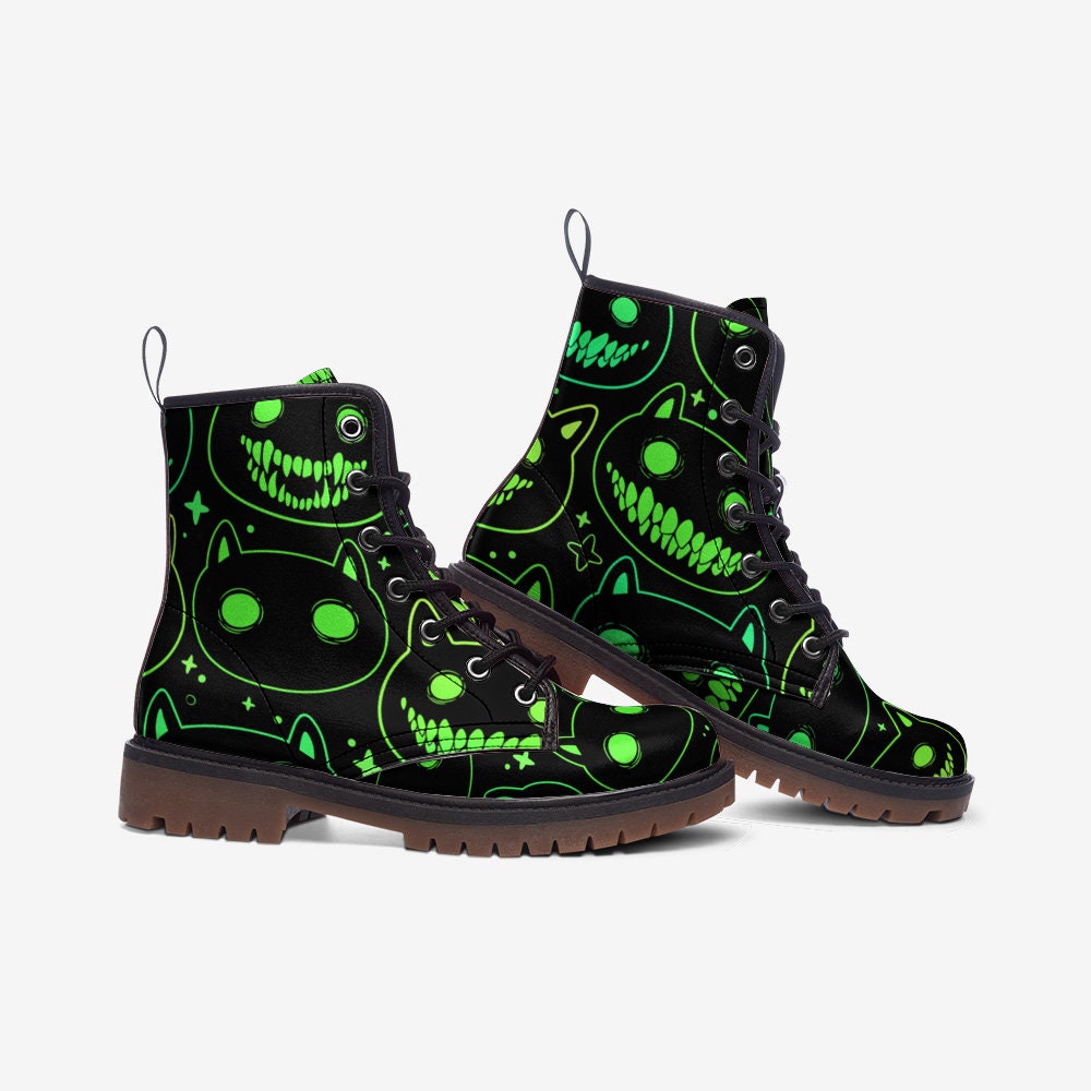 Green Neon Cat Black Vegan Leather Unisex Boots