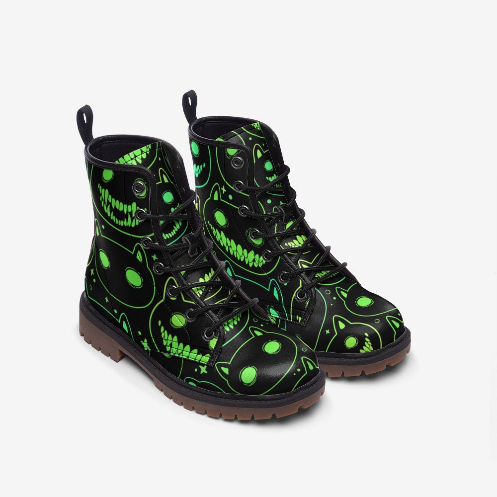 Green Neon Cat Black Vegan Leather Unisex Boots